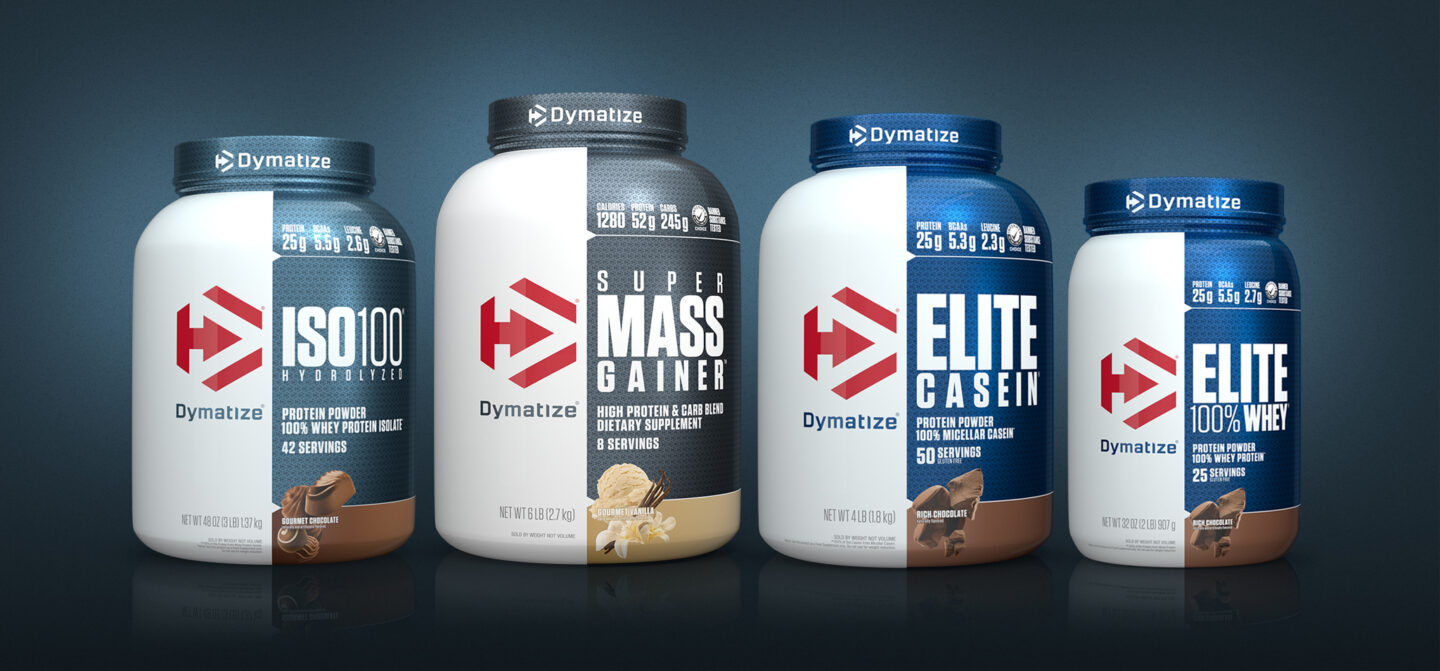 A photos of all the tubs of Products in the Dymatize line.